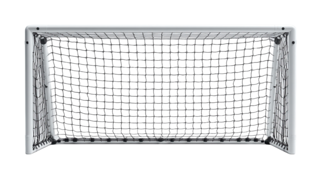 Front view of a soccer goal with a white frame and a net for sports and recreational activities