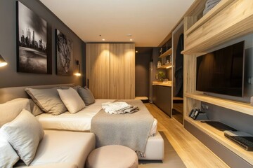 Efficient tiny room layout with bed, modern sofa, wooden wardrobe and media console