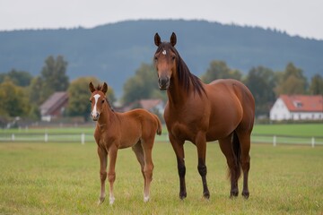 Obraz premium Domestic horses mare and foal in a field Germany Europe