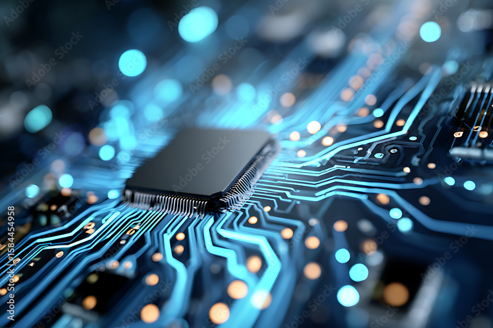 Poster close-up view of a microchip on a printed circuit board with glowing circuitry in a technology setti