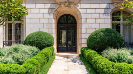 Elegant building entrance with grand arched doorway, ornate metal doors, detailed stone carvings, spherical topiary bushes, and manicured hedges.