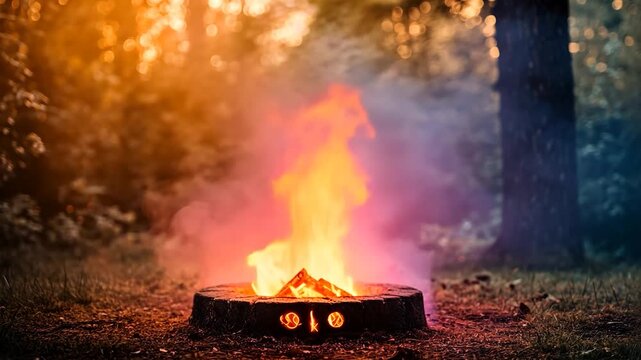 Mystical campfire glowing in a forest at sunset, smoke billowing, symbols etched in stone