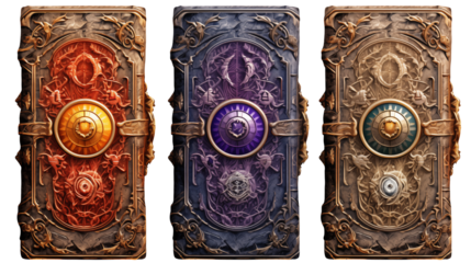 Three ornate, medieval-style shields display intricate carvings with gold and colorful center emblems isolated on transparent background