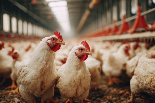 Image capturing the environment in a suburban chicken barn showcasing chickens feeding drinking and laying eggs aimed at the egg and broiler chicken industry