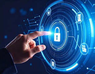 Tangan pengusaha menyentuh tombol digital pada antarmuka layar sentuh di jaringan internet