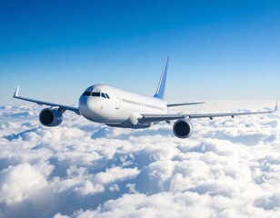 Obraz premium Commercial passenger jet flies high above the clouds in a clear blue sky