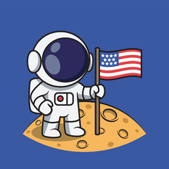 Cartoon Astronaut Holding American Flag on Moon