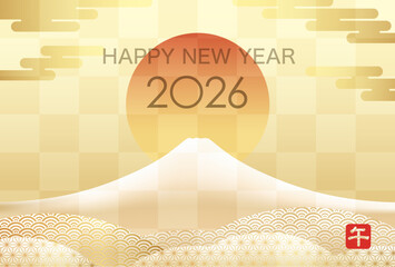 2026, The Year Of The Horse, Greeting Card Template With Snow-Covered Mt. Fuji Decorated With Japanese Vintage Patterns. Kanji Translation - The Horse.