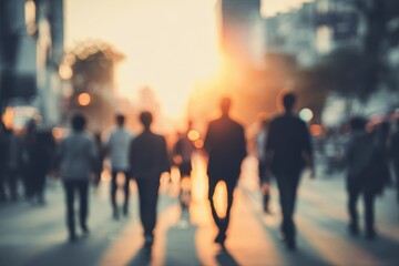 Faded backdrop of pedestrians in a city at sunset with a retro color scheme