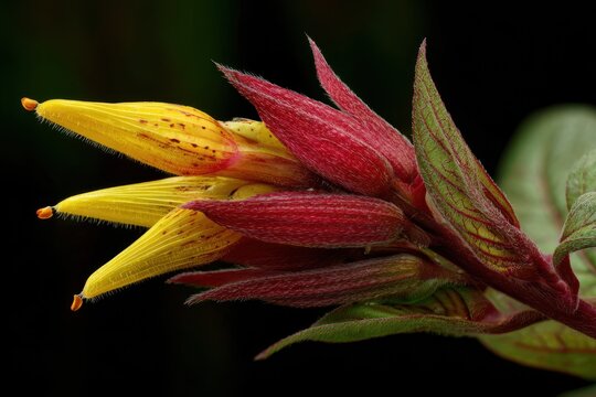 Detailed view of Sanchezia speciosa with vivid yellow tubular bloom emerging from red bracts