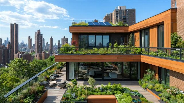 Modern rooftop penthouse with expansive city views, featuring a large terrace with lush landscaping and solar panels