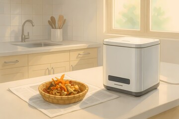 A food waste processor drying and grinding food scraps in a modern kitchen. Perfect for sustainability, eco-friendly living, and waste management visuals.