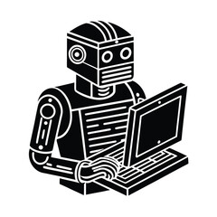 Outline Art Of AI Robot Typing Software Code For Development Projects vector silhouette on white background
