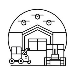Vector Art Of Warehouse Automation Operated By Artificial Intelligence vector line art on white background