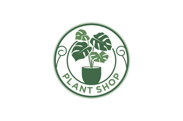 Monstera deliciosa in a pot logo design for a plant shop, rounded shape minimalist vector illustration.