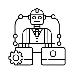 Vector Showing Robotic Process Automation Working In Corporate Offices vector line art on white background