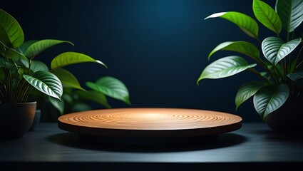 Obraz premium Wooden platform with green plants minimalist display