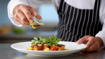 Farm to bottle olive oil visual, A chef drizzles olive oil over a gourmet dish garnished with fresh herbs and vegetables on a white plate.