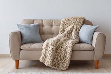 Cozy beige sofa with chunky knit blanket and blue pillows