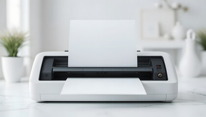 A modern document scanner with blank paper poised for scanning, on a pristine white surface.
