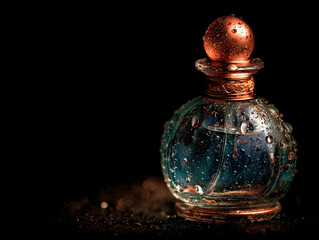 Glass Perfume Bottle With Water Droplets on Black Background.