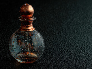Glass Perfume Bottle With Water Droplets on Black Background.