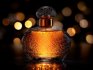 Glass Perfume Bottle With Water Droplets on Black Background.
