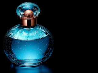 Glass Perfume Bottle With Water Droplets on Black Background.