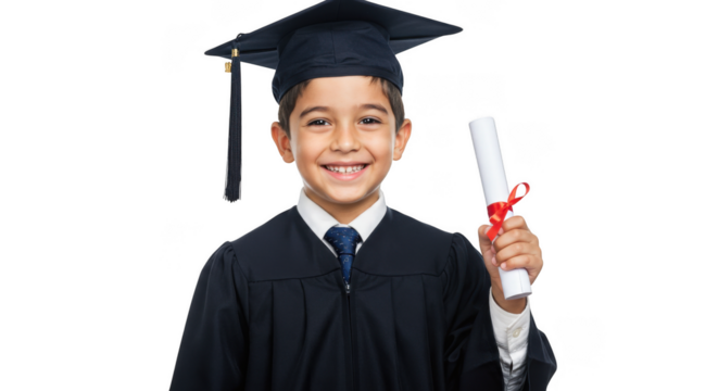 A smiling boy in graduation cap and gown holds a diploma isolated on transparent background