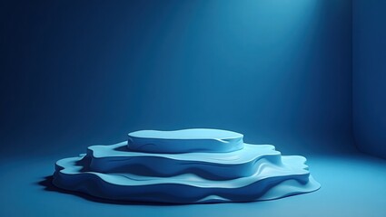 A blue podium that undulates and flows under soft spotlights in a monochromatic room, evoking a sense of movement and calm in a minimalist and abstract setting.