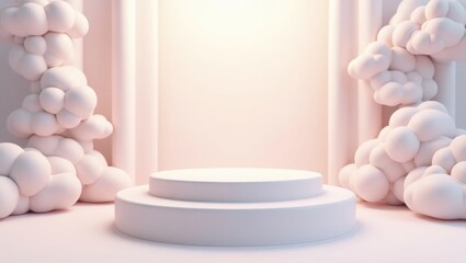 Minimalist pastel stage with soft lighting, rounded clouds, and a smooth circular podium, creating a dreamy, surreal, and elegant presentation space.
