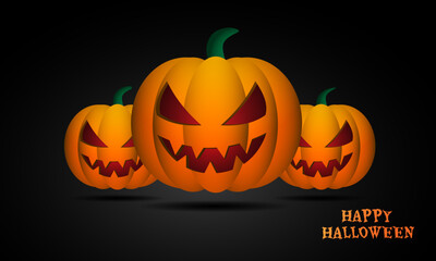 Happy Halloween text yellow and orange design, three pumpkins smile, moonnight, banner design on black background vector illustration