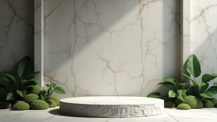A round marble podium is placed against a cracked-texture wall, surrounded by green moss and broad-leaf plants, creating a modern yet natural presentation scene.