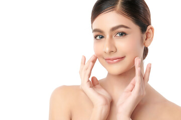 A beautiful young Asian woman with clean, fresh skin against a white background. Skincare, facial...