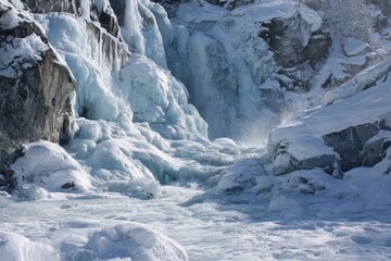 Frozen ice landscape and icy cascade