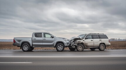 SUVs head-on collision on highway with dramatic sky. Front-end damage clearly visible. Realistic car accident scene, perfect for insurance, danger, or road safety visuals.