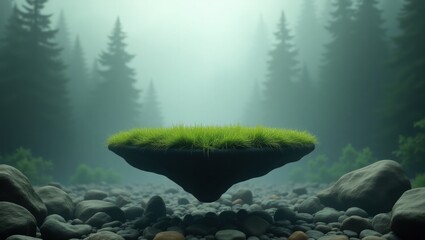 A floating grass-covered island hovers mysteriously above a rocky forest floor in a foggy pine woodland, creating a surreal and mystical atmosphere.