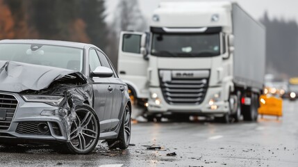 A luxury car collides with the side of a semi-truck in a serious accident on a modern highway. Wreckage and damaged front area clearly visible. Overcast weather. Urban traffic theme.