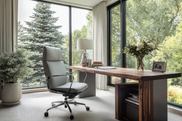Fototapeta premium A chic home workspace includes a modern desk and ergonomic chair with big windows highlighting a vibrant outdoor scene The simple decor prioritizes comfort and efficiency