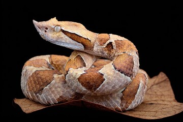 Obraz premium Gaboon viper on black backdrop baby gaboon snake on plain background