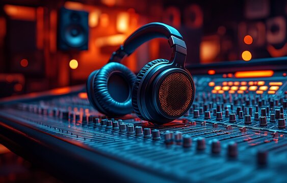 Headphones mockup on audio console in recording studio

