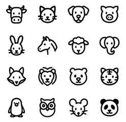 Simple Outlined Black Animal Face Icon Collection