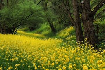 Obraz premium A stunning image of blooming yellow flowers adorned by spring s beauty with crops in their finest attire