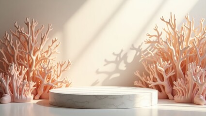 A marble-textured round platform surrounded by sculpted coral-like structures in soft pink tones, bathed in warm natural light and casting delicate shadows on a neutral background.