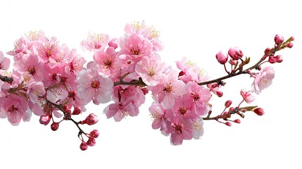 Fototapeta premium A branch of pink cherry blossoms with buds set against a white background