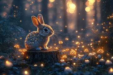 Rabbit sitting on a stump in woods.