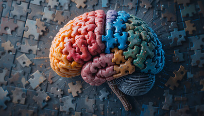 Fototapeta premium A vibrant brain artwork constructed from puzzle pieces signifies intelligence, memory, and the intricate complexities of the human mind.