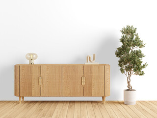 Light Oak Wooden Sideboard with Abstract Decor and Potted Tree - PNG Cutout with Transparent Background