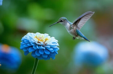 Naklejka premium Photo of a hummingbird flying near a zinnia flower, with a green background and blurred edges