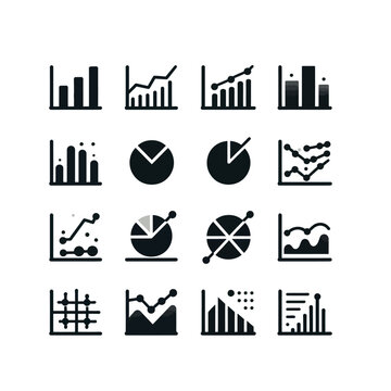 Collection of sixteen black and white minimalist vector icons depicting various types of charts and graphs for data visualization.